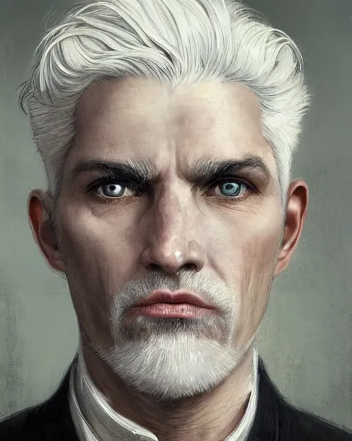 Image similar to portrait of 4 0 - year - old man with white hair with a pale complexion, pointed face and grey eyes, clear smooth face, no beard wearing black clothes, hyper realistic face, beautiful eyes, close up, fantasy art, in the style of greg rutkowski, intricate, alphonse mucha, hyper detailed, smooth