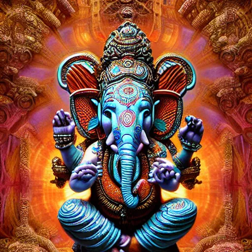 Prompt: biomechanical robot Ganesha made of mandelbulb3d fractals, hyper-realistic futuristic portrait, intricate details, Fractsl details, trippy vibrant colors, LSD, hyperdetailed fantasy character, supersharp, hypermaximalist, dramatic lighting, hajime sorayama, brom, Indian god, Ganesha, ganapati, vinayak, futuristic portrait of photorealistic Cyborg Ganesha