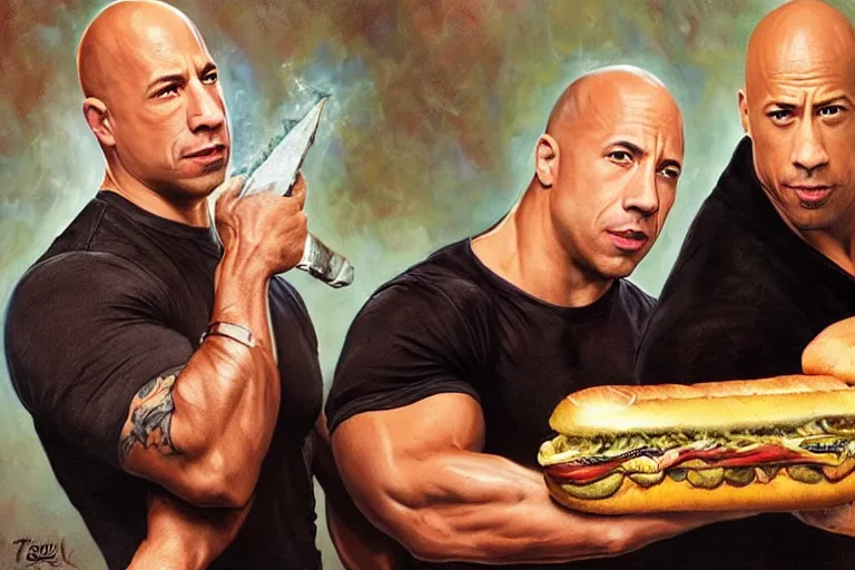 Image similar to portrait of vin diesel and dwayne the rock johnson sharing a footlong sub sandwich, an oil painting by ross tran and thomas kincade