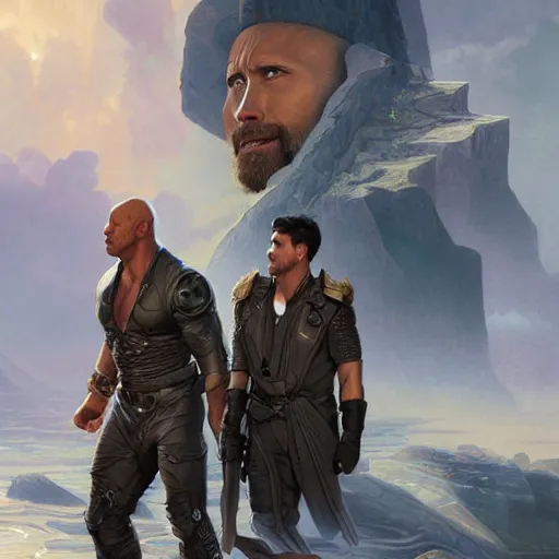 Image similar to Dwayne Johnson and Ryan Gosling Save the World, fantasy, intricate, elegant, highly detailed, digital painting, artstation, concept art, smooth, sharp focus, illustration, art by artgerm and greg rutkowski and alphonse mucha