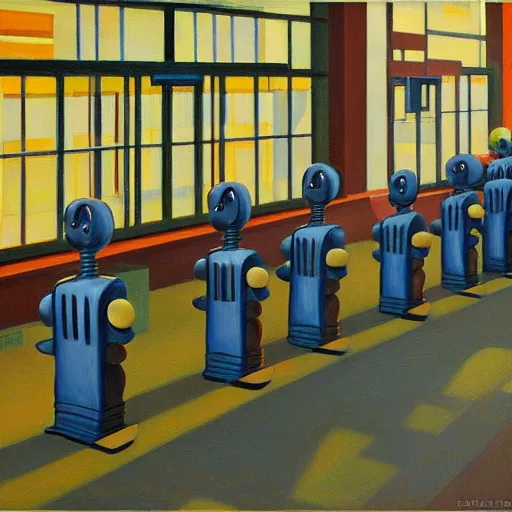 Prompt: robots queue up for daily inspection, grant wood, pj crook, edward hopper, oil on canvas