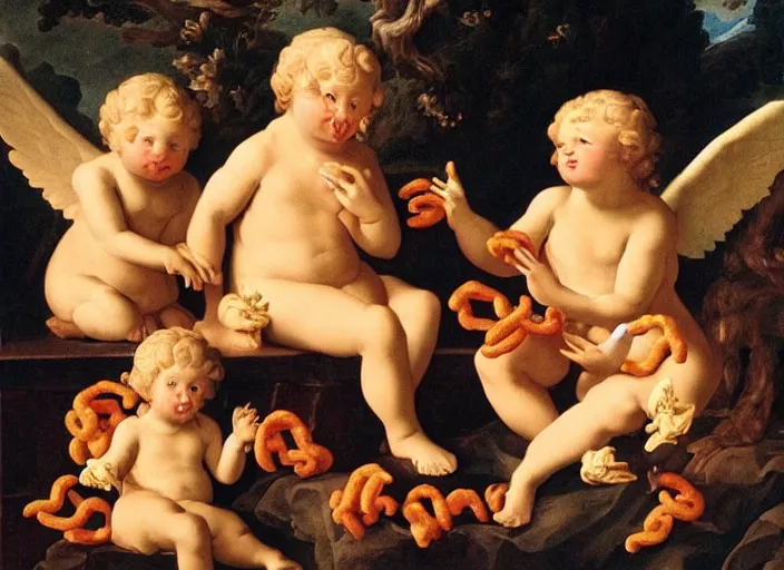Image similar to cherubs eating cheeto's, extremely detailed, a baroque painting, rococo style