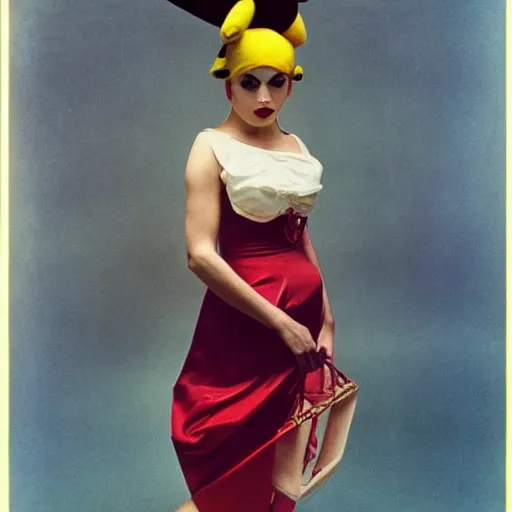 Image similar to elegant woman dressed up as pikachu, art photo by Annie Liebovitz and Alphonse Mucha, glossy, sharp, clean, old fashion