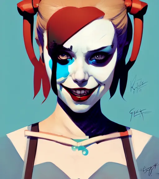 Image similar to portrait of cute harley quinn by atey ghailan, by greg rutkowski, by greg tocchini, by james gilleard, by joe fenton, by kaethe butcher, dynamic lighting, gradient light blue, brown, blonde cream and white color scheme, grunge aesthetic