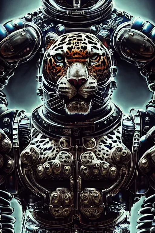 Image similar to a portrait of a muscular anthropomorphic cyberpunk jaguar in spacesuit armor with ensignia on chest plate by sandra chevrier, by jon foster, detailed render, post - processing, extremely hyperdetailed, intricate, epic composition, cybernetics, 4 k realistic, cryengine, realistic shaded lighting, sharp focus, masterpiece, by enki bilal