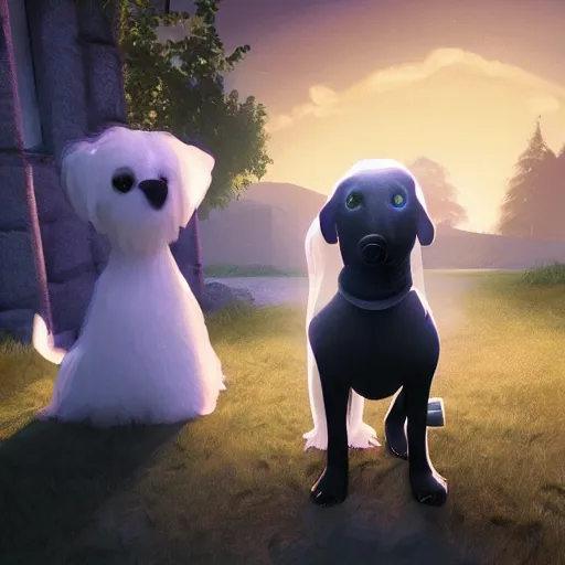 Prompt: a dog and a ghost who are friends, digital art, hearts in the background, unreal engine