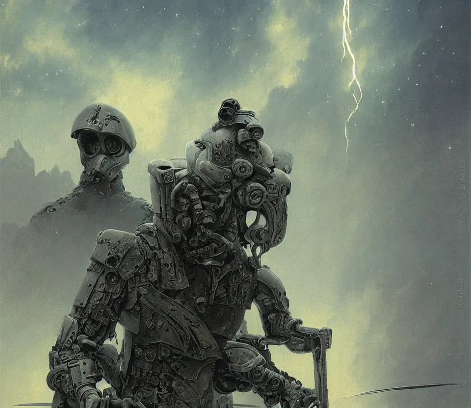 Image similar to a detailed portrait painting of a bounty hunter in combat armour and visor. Smoke. cinematic sci-fi poster. Cloth and metal. Flight suit, accurate anatomy portrait symmetrical, plague doctor. science fiction theme with lightning, aurora lighting clouds and stars. Futurism by beksinski carl spitzweg moebius and tuomas korpi. baroque elements. baroque element. intricate artwork by caravaggio. Oil painting. Trending on artstation. 8k