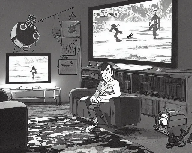 Prompt: a beautiful illustration of my friend nathan tinsley, playing fallout new vegas on the xbox 3 6 0 in his living room. the tv is the only light source, in the style of studio ghibli, artwork by studio ghibli, gamers bedroom, posters. cinematic composition, anime, digital art, featured on artstation