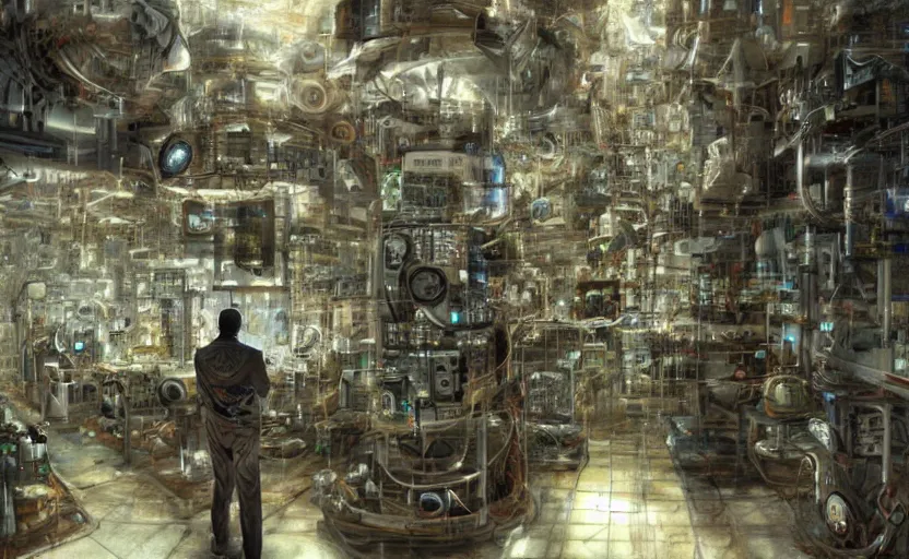 Image similar to a man made entirely of computers fused with his surroundings in a laboratory in the style of Greg rutkowski