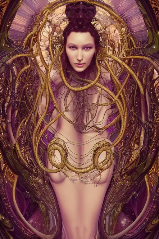 Prompt: a photo of a beautiful ancient alien medusa gorgon woman goddess bella hadid standing in iris van herpen dress jewelery and fractals in style of alphonse mucha art nuvo dmt trending on artstation made in unreal engine 4
