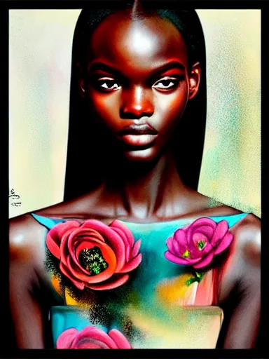 Prompt: double exposure portrait of duckie thot with a floral background : : painted by artgerm, karol bak, artur bordalo, sandra chevrier : : portrait, character, illustration, hyperrealism, photorealism,