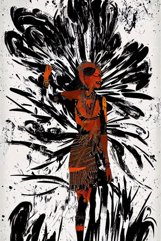 Prompt: abstract background for the winter. tribal dance theme. modern design, painting for a wall, afrikan post - apocalyptic art deco print. ink brush strokes, brushes, lines, woman silhouette, grungy. dirty artistic elements. acrylic art, in the style of danny mcbride and / or knyazev konstantin