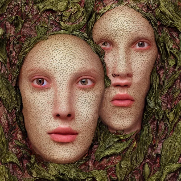 Image similar to a grinning girl with fish skin, plant patterns, her face looks like an orchid, she is the center of the garden, jan van eyck, ernst fuchs, egon schiele, trending on artstation, 8 k, award winning, facial symmetry, iris van herpen