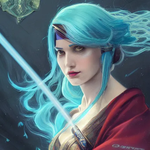 Prompt: a beautiful tarot card of sona with teal colored hair with deep red highlights as a jedi, female, league of legends, space fantasy, in the style of magic the gathering, intricate, elegant, highly detailed, digital painting, artstation, concept art, matte, sharp focus, illustration, art by greg rutkowski and alphonse mucha