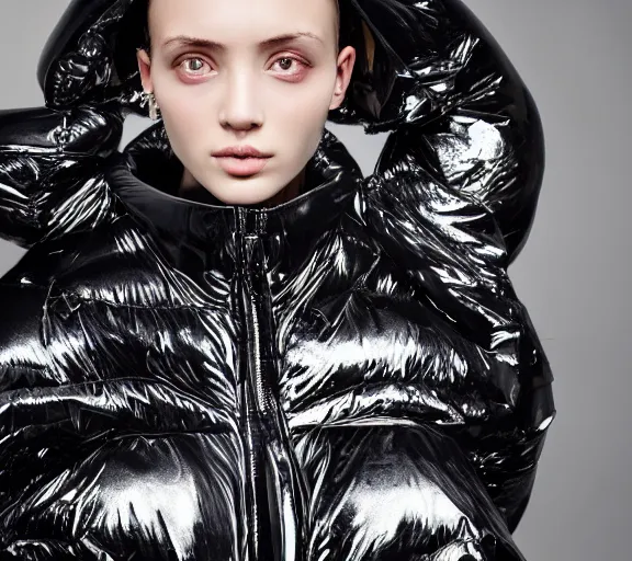 Image similar to well lit fashion shoot portrait of extremely beautiful female black marble statue wearing huge puffer jacket over size futuristic outerwear, puffer trouser, puffer jacket, puffer jacket by moncler genius, dingyun zhang, yeezy, balenciaga, vetements, sharp focus, clear, detailed, detailed, glamorous, symmetrical, vogue, editorial, fashion,