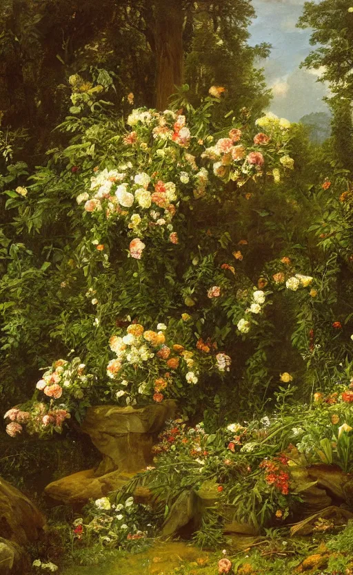 Prompt: artwork painting of a lush environment, flowers by grave by eugene von guerard, ivan shishkin