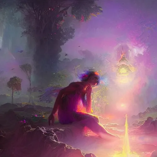 Prompt: a psychedelic realm hidden away in a pocket of ethereal understanding astral beings sharing love greg rutkowski wlop lisa frank bob ross ruan jia illustration