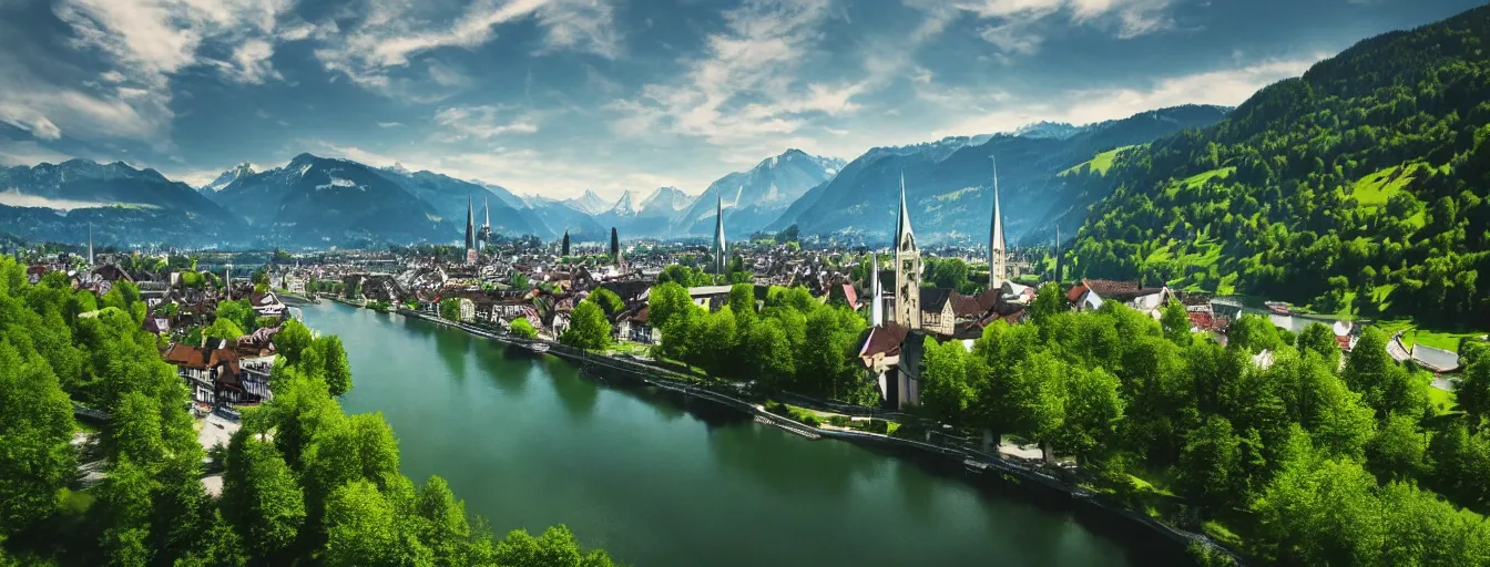 Image similar to Photo of Zurich, looking down the river at the lake and the alps, Hardturm, Grossmünster, wide angle, trees, volumetric light, hyperdetailed, green water, artstation, cgsociety, 8k