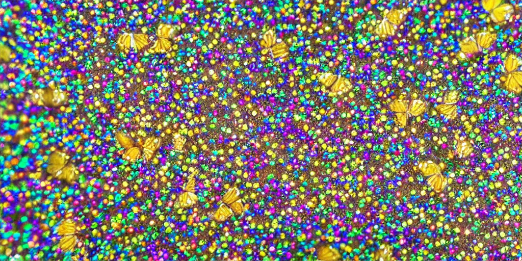 Prompt: tiny butterfly colony with millions of butterflies shimmering in the light, sparkles and glitter