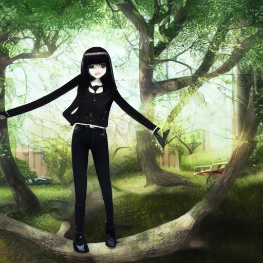 Image similar to 1 7 - year - old pale - skinned persian girl with black long bob cut, long bangs, black gothic jacket, black jeans, psychic girl, standing under treehouse in city plaza, urban plaza, treehouse hotel, large tree, ultra - realistic, sharp details, subsurface scattering, blue sunshine, intricate details, hd anime, 2 0 1 9 anime