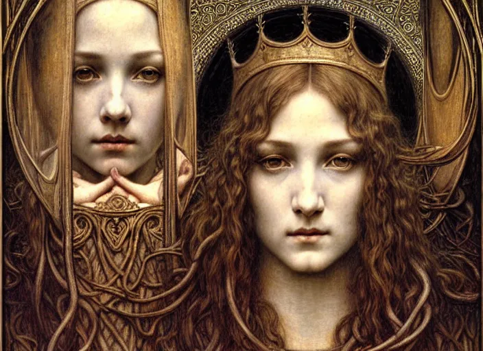 Image similar to detailed realistic beautiful young medieval queen face portrait by jean delville, gustave dore and marco mazzoni, art nouveau, symbolist, visionary, gothic, pre - raphaelite. horizontal symmetry