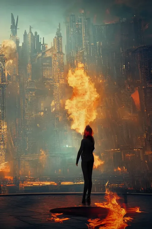 Image similar to in the foreground Saint Petersburg in cyberpunk, in the background a magnificent young blonde woman from behind playing with flames coming out of her hands wearing a long matrix-style jacket, realistic, high definition, many details, dramatic scene, symmetrical face, eyes realistic, art of Jock