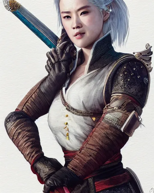 Image similar to Zhang Ziyi as Ciri from Witcher 3 by Artgerm and Greg Rutkowski, wearing haute couture by schiaparelli, sharp focus, sun rays, intricate, elegant, highly detailed, digital painting, masterpiece.