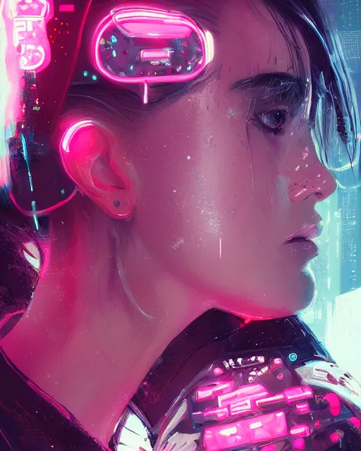 Image similar to detailed side profile portrait Neon Operator Girl, cyberpunk futuristic neon, reflective puffy coat, decorated with traditional Japanese ornaments by Ismail inceoglu dragan bibin hans thoma greg rutkowski Alexandros Pyromallis Nekro Rene Maritte Illustrated, Perfect face, fine details, realistic shaded, fine-face, pretty face