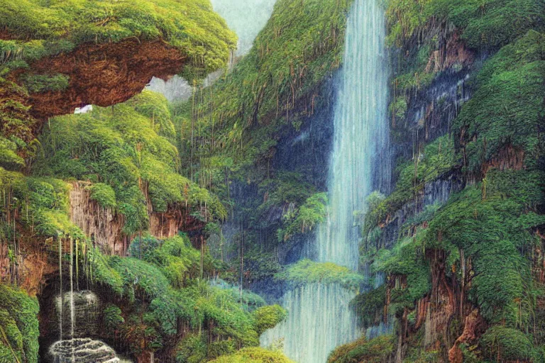 Image similar to hyperdetailed painting of a giant waterfall in the garden of eden, epic, rendered in octane, painted by alan lee, moebius, giovanni ghisolfi and jan baptist