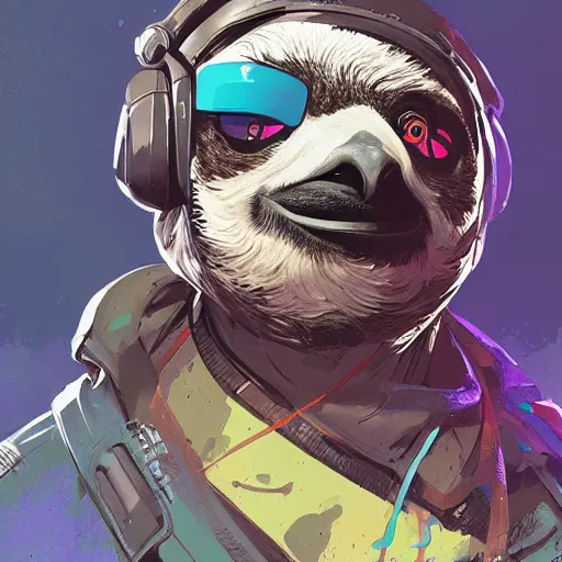 Image similar to lazy sloth as apex legends character, digital illustration portrait design, by android jones and greg rutkowski, retrowave color scheme, detailed, cinematic lighting, wide angle action dynamic portrait