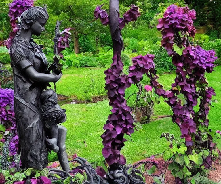 Image similar to fantasy garden, purple vines, black roses, black thorns, eerie, old statues