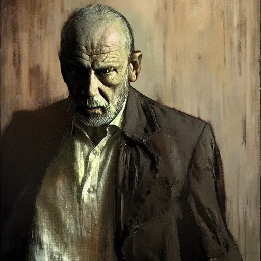 Image similar to hyperrealist portrait of a thin mean old man by jeremy mann and alphonse mucha, fantasy art, photo realistic, dynamic lighting, artstation, poster, volumetric lighting, very detailed faces, award winning