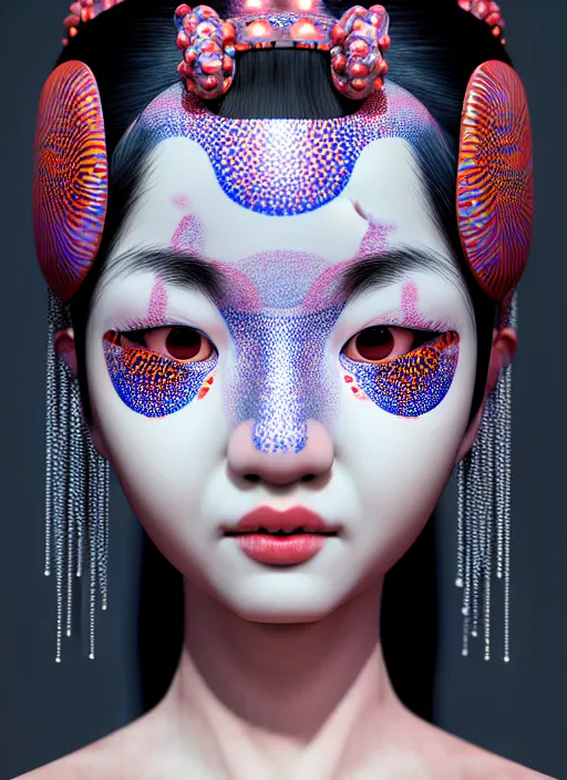 Image similar to hyperrealistic detailed image of a geisha in a art installation room, hd smooth interior by yayoi kusama, part by kei mieno, part by ross tran, dark art by james jean, ultra realistic, highly detailed, life like face, detailed body, 8 k, 3 d render by roger magrini, masterpiece