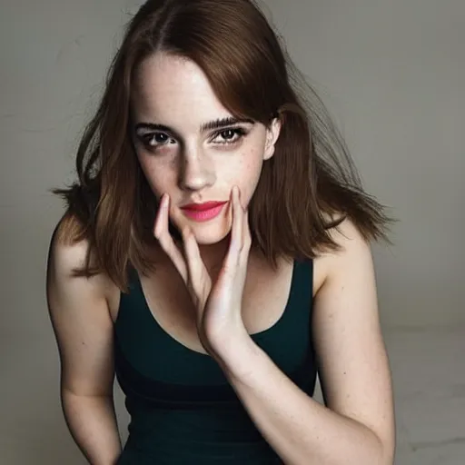 Prompt: a woman who is a genetic combination of emma watson and kat dennings face and upper - body focus