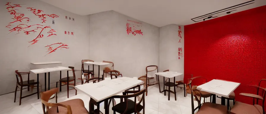 Image similar to a beautiful simple interior render of small roasted string hotpot restaurant restaurant yan'an, wall corner, from china, red paper wall and white tile floor, rectangle white porcelain table, fine simple delicate structure, chinese style, simple composition, simple style structure decoration design, victo ngai, 4 k hd