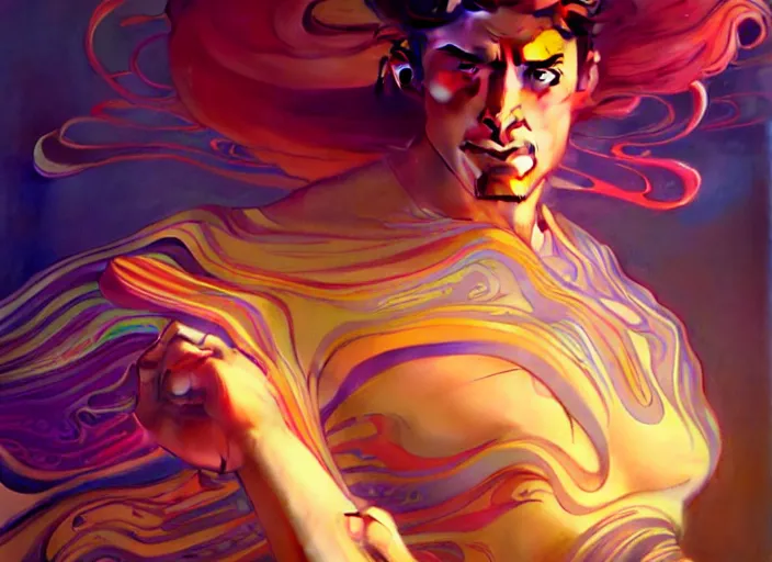 Image similar to a man in shock after he lost all his files, colorful swirly ripples, gaudy colors, aesthetic octane render, unreal engine, 8 k, art by artgerm, greg rutkowski, alphonse mucha