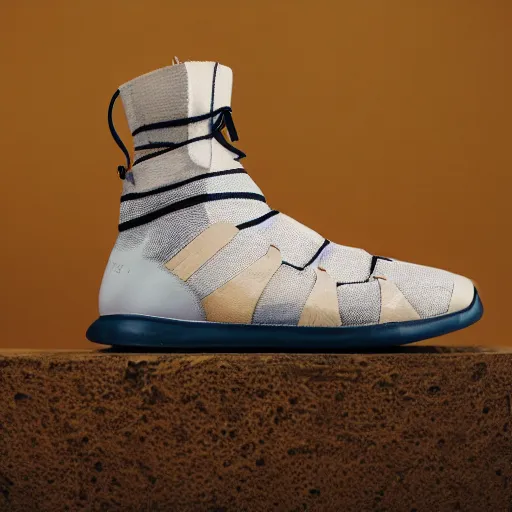 Image similar to a studio photoshoot of Nike ACG sneakers designed by Tom Sachs, leather with knitted mesh material, gum rubber outsole, realistic, color film photography by Tlyer Mitchell, 35 mm, graflex