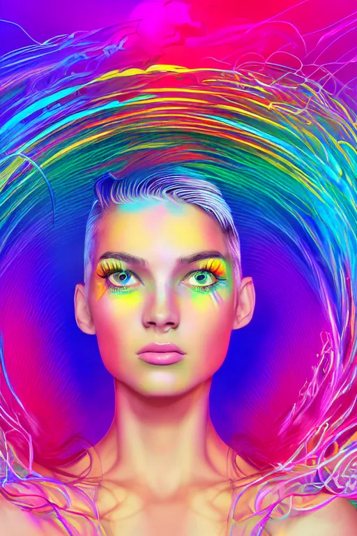 Image similar to a award winning half body portrait of a beautiful woman with stunning eyes in a croptop and cargo pants with rainbow colored ombre hairstyle head in motion and hair flying by thomas danthony, surrounded by whirling illuminated liquids and lines, outrun, vaporware, shaded flat illustration, digital art, trending on artstation, highly detailed, fine detail, intricate