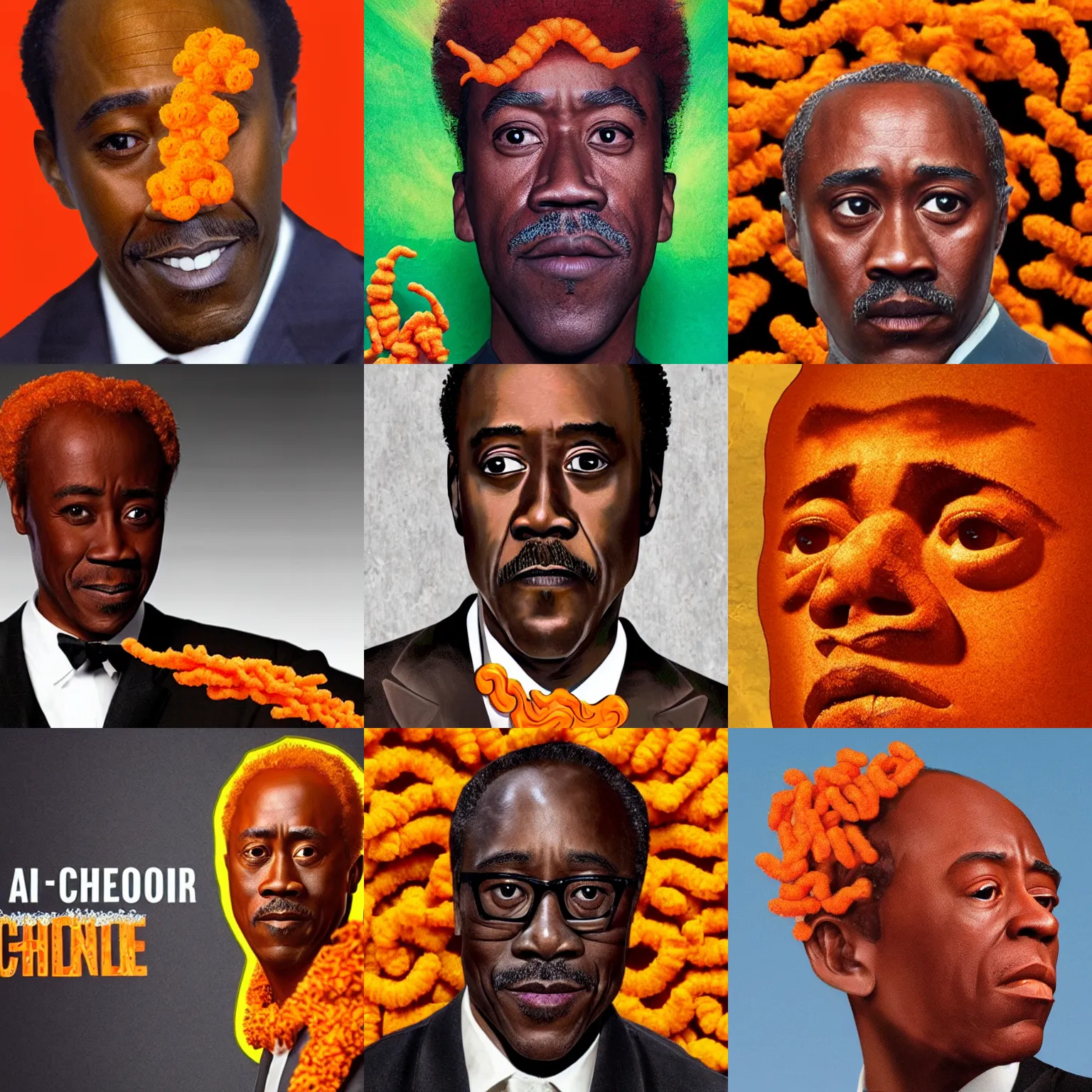 Prompt: a cheeto with the face of don cheadle, close - up