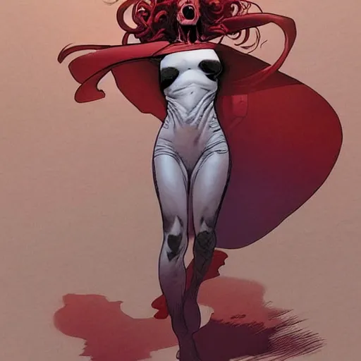 Image similar to a beautiful comic book illustration of a red-headed woman with a white shirt in a laboratory waving by Jerome Opeña, featured on artstation