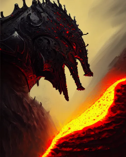 Image similar to realistic side view painting of the king of the mountain, angry, black iron armour, sword, lava, dramatic lighting, intricate, wild, highly detailed, digital painting, artstation, concept art, smooth, sharp focus, illustration