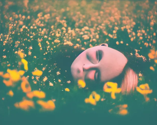 Image similar to oversaturated, burned, light leak, expired film, photo of a girl laying in a field of busy flowers