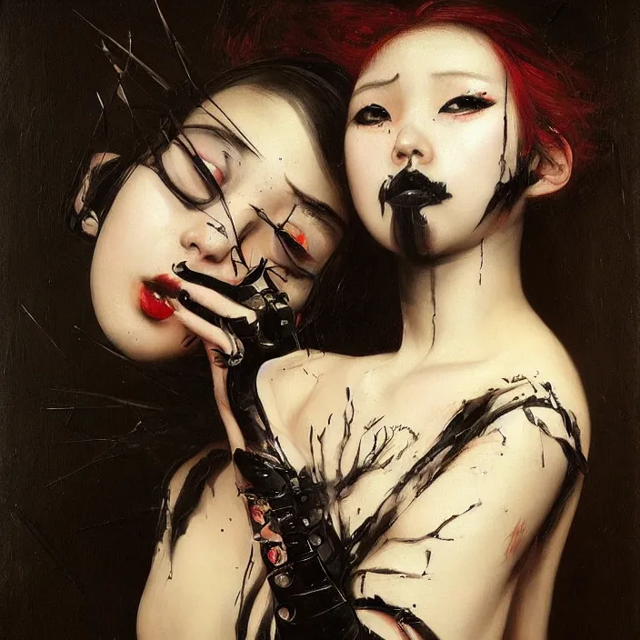 Prompt: cruel korean goth girl, full body, spikes, latex, intricate, oil painting, sfumato, hyperrealistic, detailed, smooth, very smooth, brushwork, sharp focus, concept art, fantasy, by caravaggio, by vermeer, by rembrandt