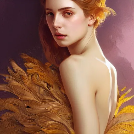 Prompt: a portrait of an attractive young female, beautiful long hear, clothed in golden feathers, intricate, elegant, highly detailed, digital painting, trending on artstation, concept art, smooth, sharp focus, illustration, art by artgerm and greg rutkowski and alphonse mucha