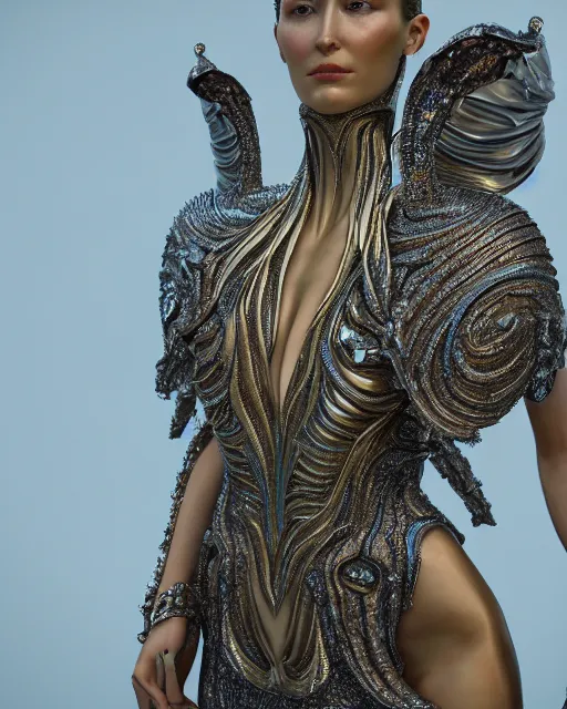 Image similar to a highly detailed metahuman 4 k close up render of an alien goddess bella hadid monument hydra in iris van herpen dress schiaparelli in diamonds crystals swarovski and jewelry iridescent in style of alphonse mucha gustav klimt trending on artstation made in unreal engine 4