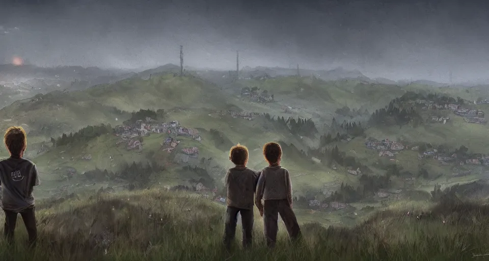 Prompt: two boys and two girls teenagers from behind looking down to a valley, misty sunset, wide shot scenery with a near town in the valley, a twenty meters tall wall at the edge of the town, the wall is build all around, there is a barb wire on the top of the wall, black guardians are patrolling the wall, in the style of Simon Stalenhag, cinematic, dramatic lightning, dystopian