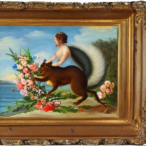 Prompt: a giant squirrel carrying napoleon on its back, beach scene with flowers and foliage, detailed oil painting