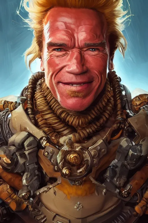 Image similar to portrait of arnold schwarzenegger as junkrat from overwatch, full body, fantasy, intricate, elegant, highly detailed, digital painting, artstation, concept art, sharp focus, illustration, art by artgerm and greg rutkowski and alphonse mucha