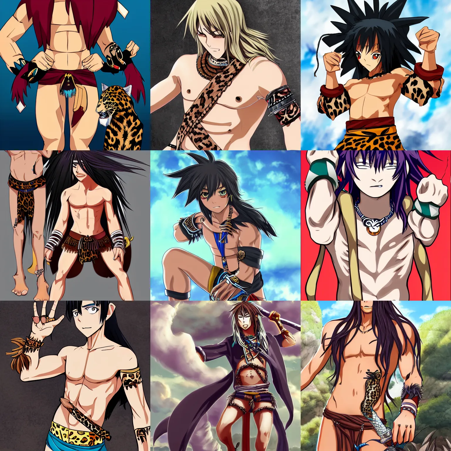 Prompt: anime tribal boy with long hair, loincloth, leopard paw with claws as gauntlet, trending on pixiv