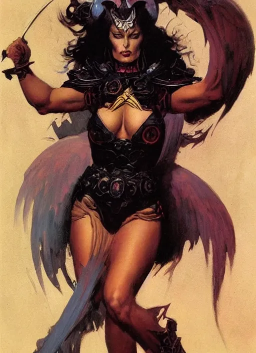 Image similar to portrait of female chaos angel, beautiful! coherent! by frank frazetta, by brom, strong line, deep color, armor, volumetric hair, high contrast